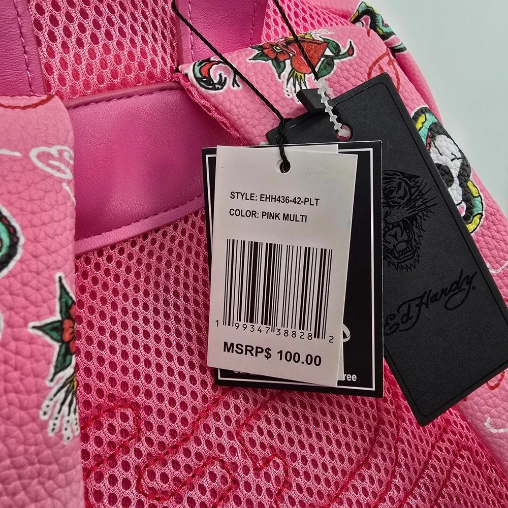 Ed Hardy Pink Multi Rhinestone Heart Tattoo Print Vegan Leather Backpack EHH436